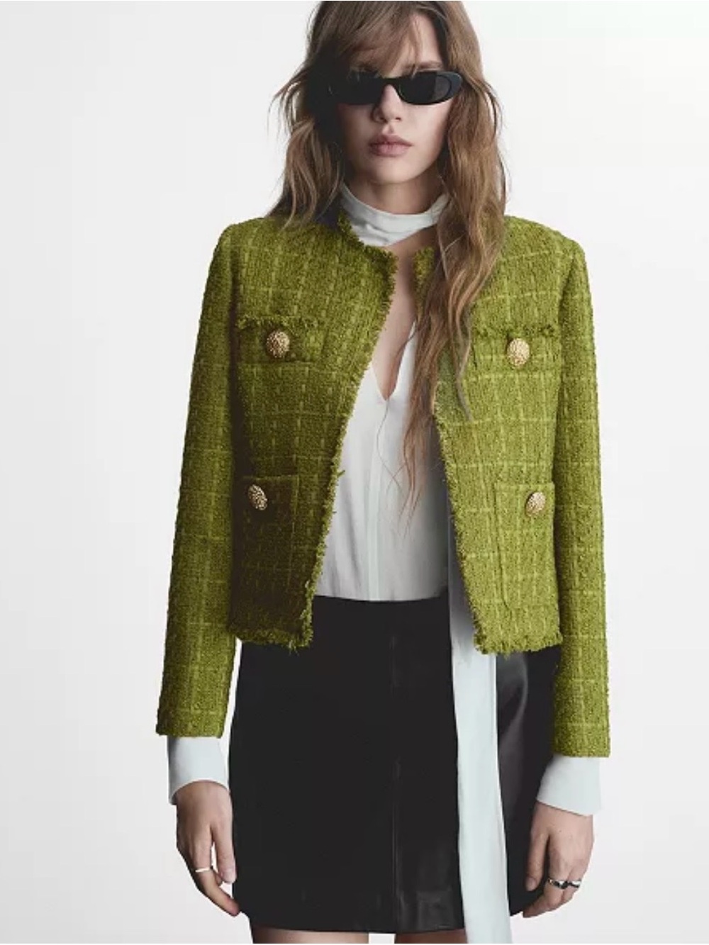 Mango Olive Green Textured Tweed Jacket with Gold Buttons